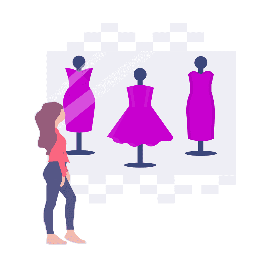 an illustration of a women shopping for pretty dresses