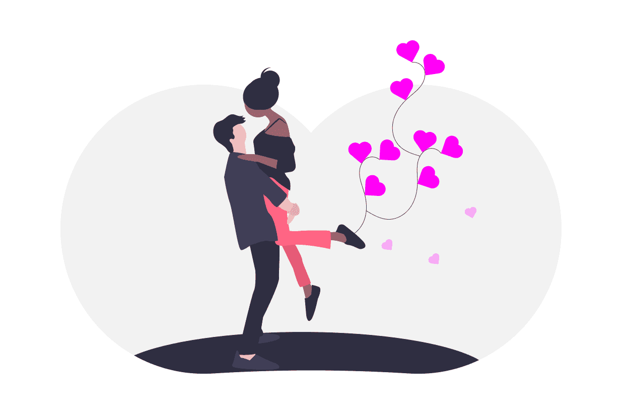 illustration of man lifting up woman with floating love hearts in the air
